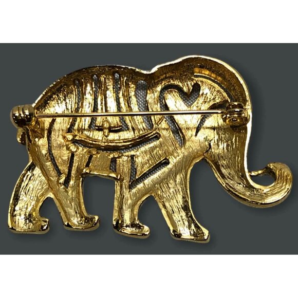 Elephant Brooch Pin Black Enamel Gold Color Figural Alloy Tribal Costume Jewelry - Picture 6 of 8
